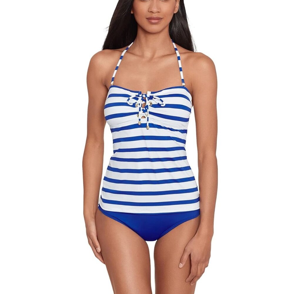 NWT LAUREN Ralph Lauren Port Stripe Lace Front Bandini Top Size 8-14 $120 LLL130